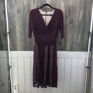 Sangria petite burgundy lace wrap bodice dress size 12p